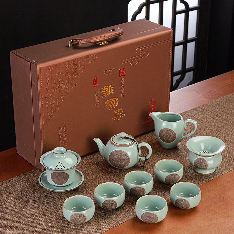 古道源柏采汝窑开片茶具礼品套装精致激光浮雕图案陶瓷茶壶