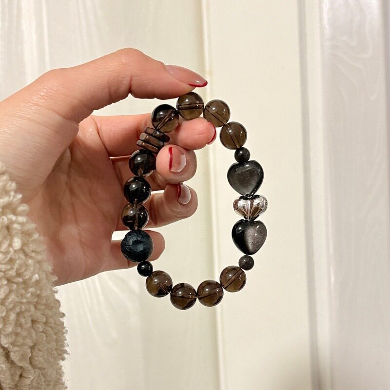 【寻心】天然冰种黑曜石爱心手链沉香檀木隔片新中式女生禅意手串