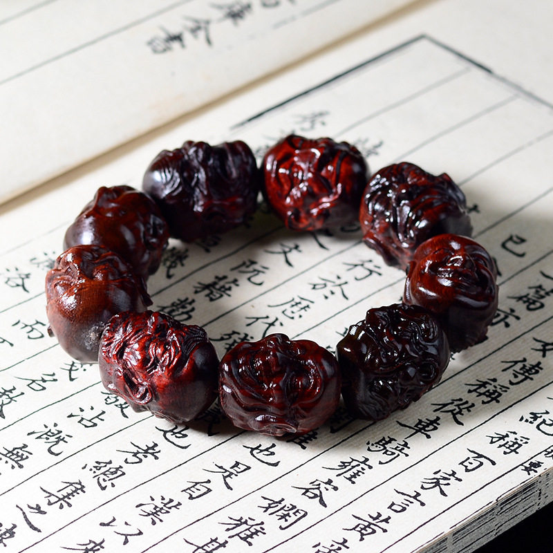 绿檀高密紫檀东加檀新山檀国风双面雕刻佛手貔貅罗汉手串文玩配饰