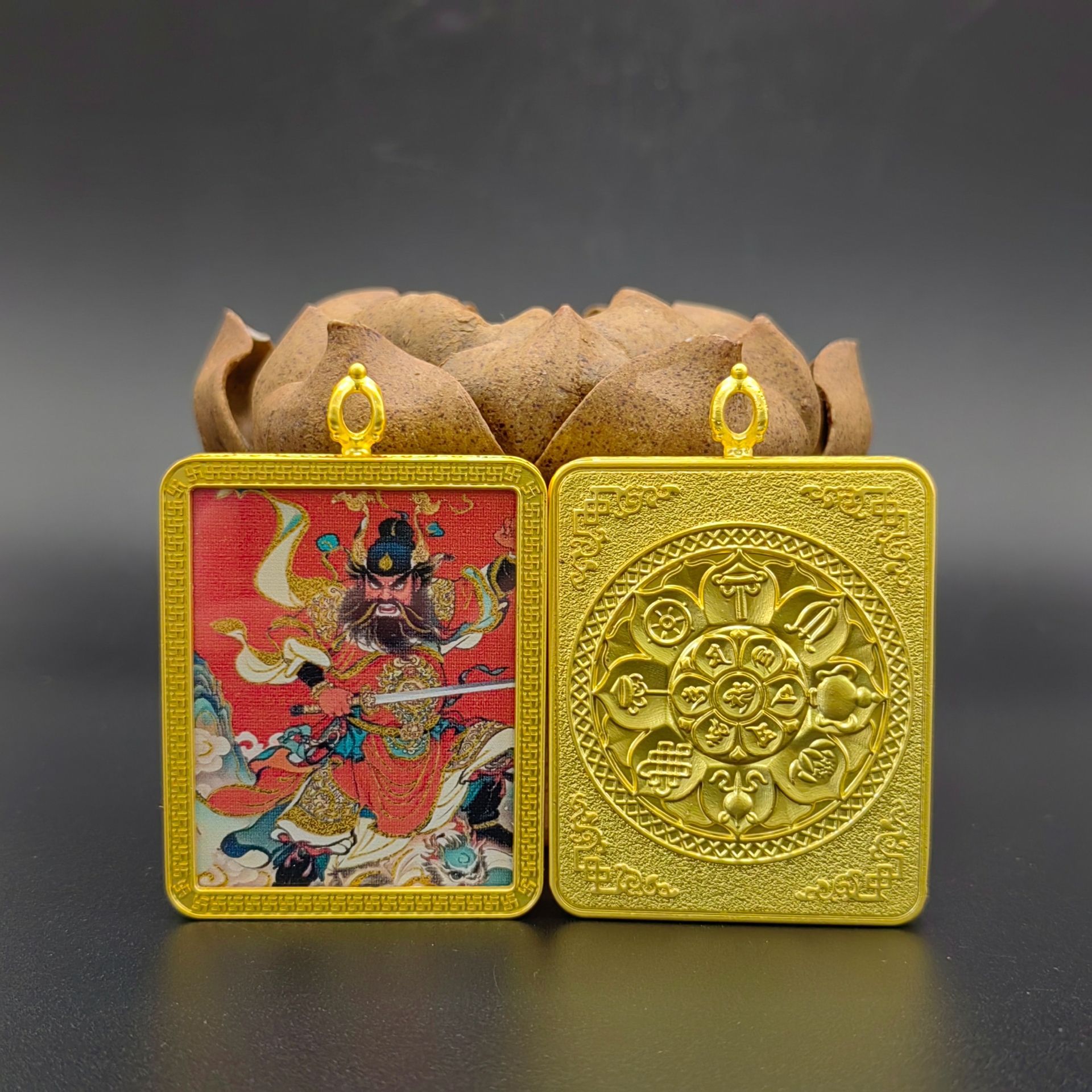单面描金钟馗4x5八宝莲花万字壳唐卡吊坠立体项链饰品装