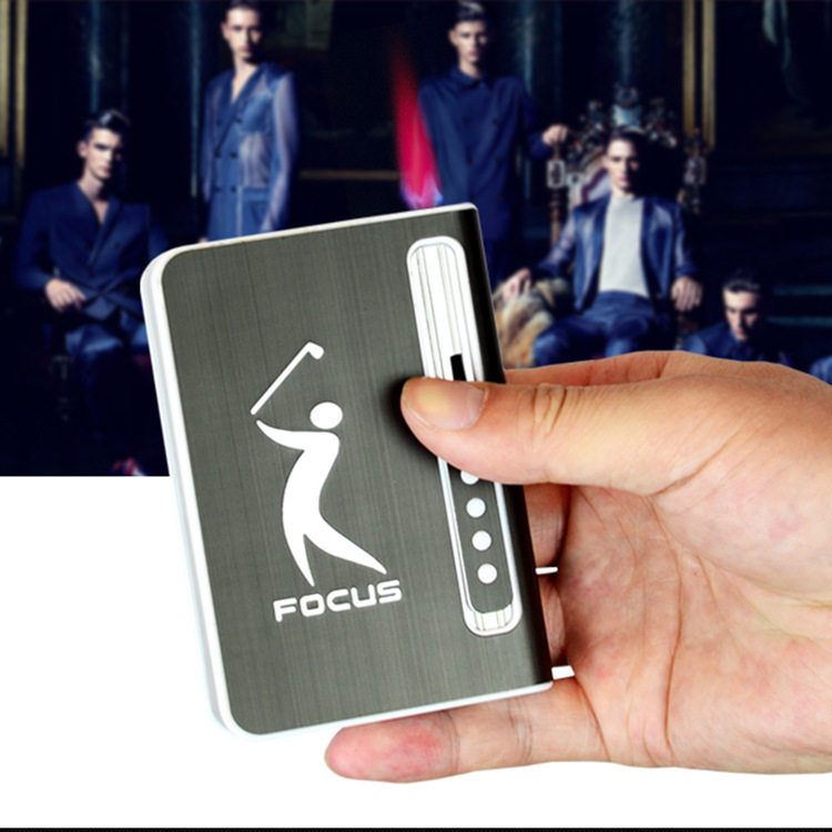 FOCUS烟盒自动弹烟防风打火机烟盒超薄香菸盒创意金属10支装