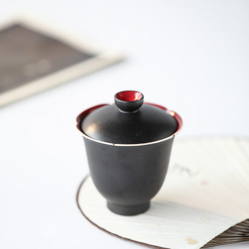原创晴先生陶瓷工作室出品茶器黑红系列盖碗陶艺花口泡茶碗100ml