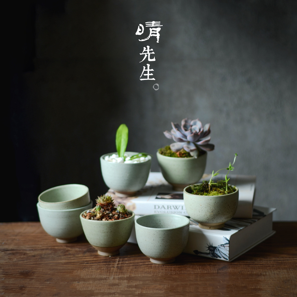 多肉植物陶瓷花盆小号口径粗陶花盆透气复古手工无孔铜钱草水培器