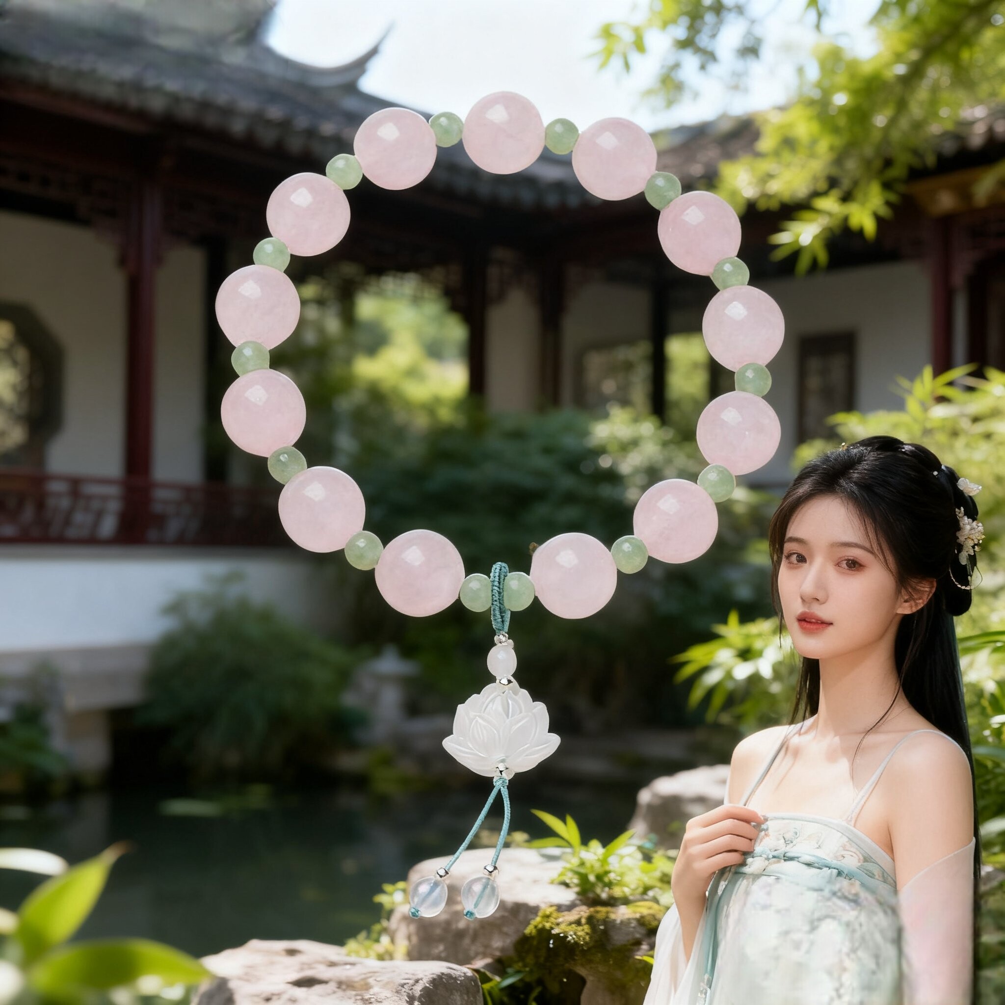 小红书爆款天然10MM粉晶手链女曲院风荷粉水晶好运莲花手串