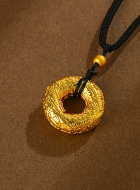 黄金色沙金百福平安扣吊坠黑色吊坠绳新中式国潮毛衣项链饰品