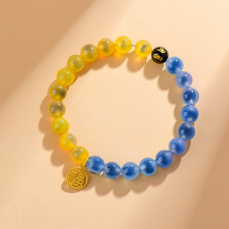 天然半塘蓝黄糖心玛瑙手串福牌寺院文创原创新爆款手链饰品