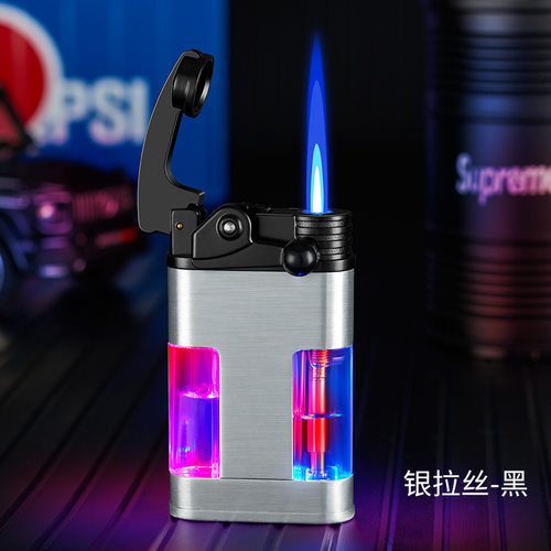 新款透明气仓摇臂防风打火机充气蓝火焰七彩灯炫酷男广告礼品跨境