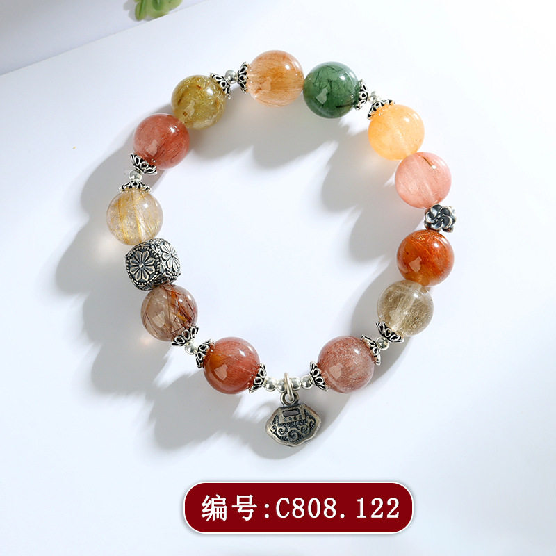 天然水晶彩发晶银锁手链S925银新中式复古原创手串国风新爆款