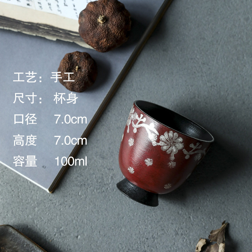 晴先生版刻鎏银大号故宫红景德镇手绘文人主人杯赤红古拙陶泥茶杯