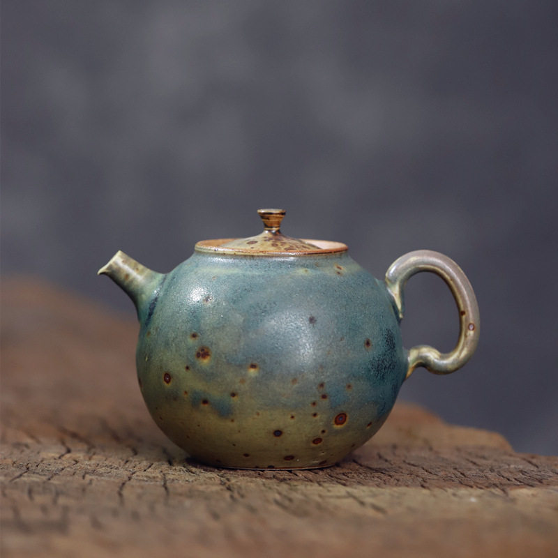 景德镇陶瓷粗陶茶壶手拉坯球孔主人壶翡翠绿窑变釉个人把玩壶茶壶