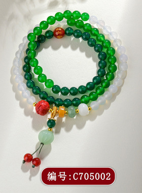 白玛瑙绿玛瑙玉髓三圈手链复古小众设计景区寺院文创饰品风格