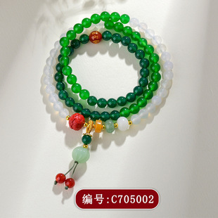白玛瑙绿玛瑙玉髓三圈手链复古小众设计景区寺院文创饰品风格