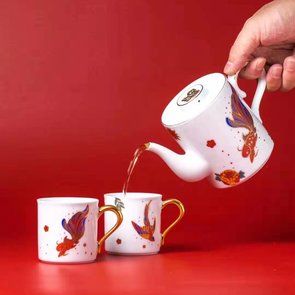 年礼陶瓷茶具套装鸿运当头茶壶茶杯茶盘功夫茶具成套过年茶具礼盒