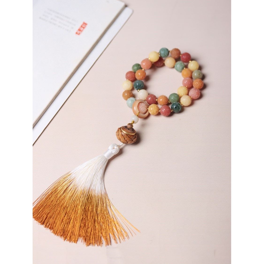 多宝祥云菩提圆珠子天然菩提根雕刻圆珠隔珠双圈手串手链佛珠项链