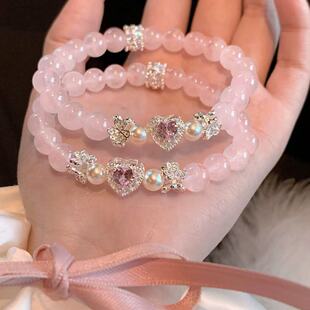 「耶鲁甜心」甜美爱心天然莫粉水晶手串施家珍珠手链高级感手饰