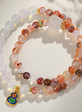 天然红胶花白玛瑙醒狮双圈手链新中式复古福禄女多圈手串定制