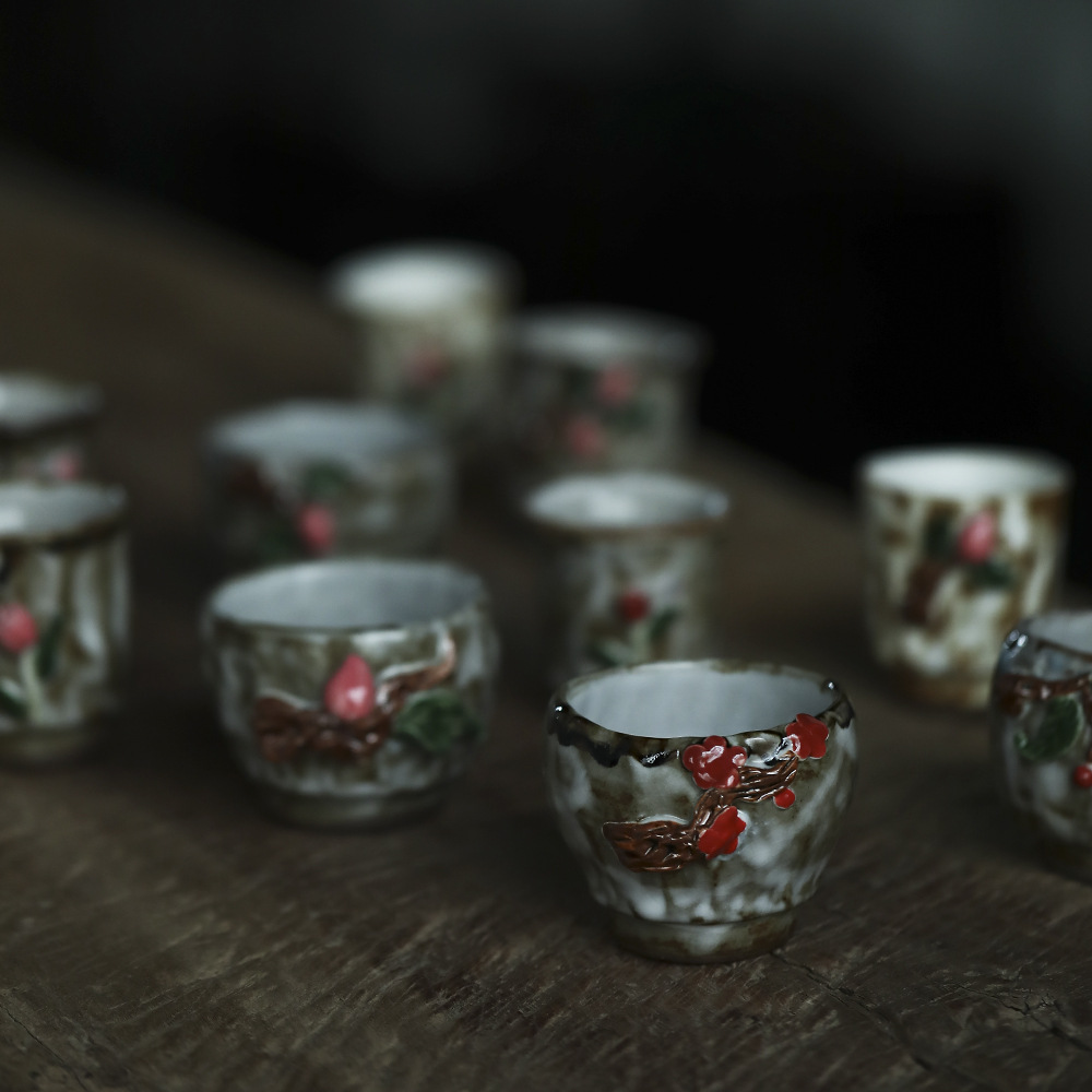 初雲志野烧喜上梅梢茶杯徐婉设计作品手捏杯志野杯单杯茶器国潮风