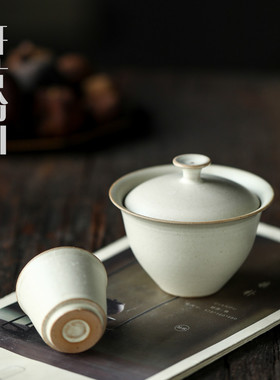 晴先生暖白色南宋官窑开片雅心盖碗140ml景德镇陶瓷功夫茶具漱繁