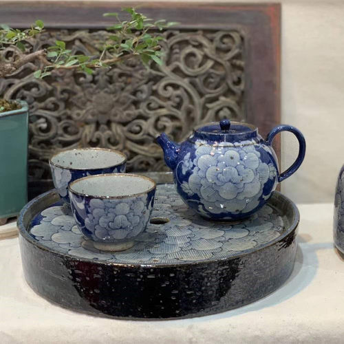 复古壶承手绘原矿青花干泡茶盘茶台小号储水式家用功夫茶道零配件
