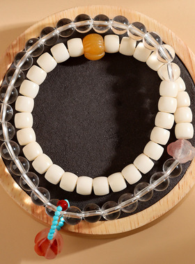 新中式国风女款盘玩手串景区寺院爆款白玉菩提白水晶双圈手链