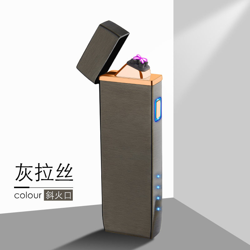 创意电量显示电子打火机指纹按键脉冲双电弧点烟器跨境