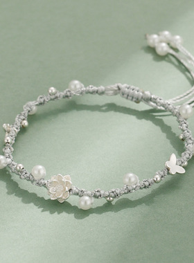 新品999银淡水珍珠手链小众百搭高级感原创仙风银蝴蝶小莲花手绳