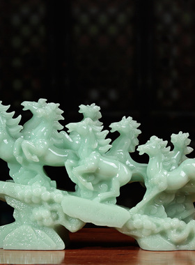 玉石八骏马马摆件八骏雄风办公桌室客厅玄关书房电视柜酒柜装饰品