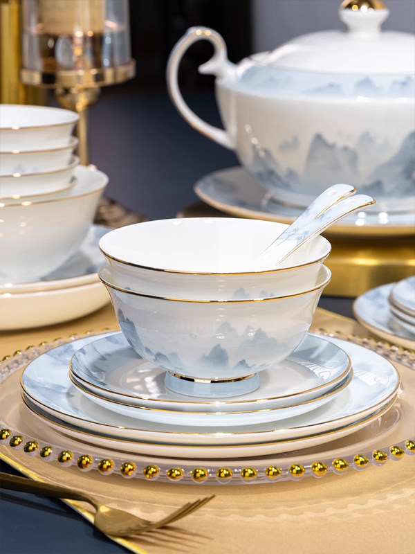 红牡丹 | 新中式碗盘组合家用景德镇轻奢骨瓷餐具套装陶瓷碗盘子,餐饮具,碗,淘宝优惠券,粉丝福利购,淘宝优惠卷