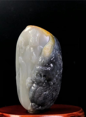 新疆和田玉青花籽料地藏王手把件天然玉石黑白分明苏工巧雕把玩件