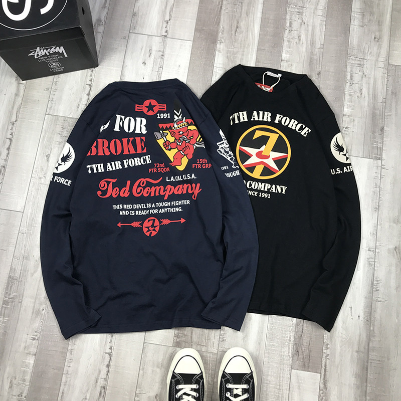 日系潮牌小恶魔印花圆领长袖T恤男女情侣款复古宽松ins套头打底衫