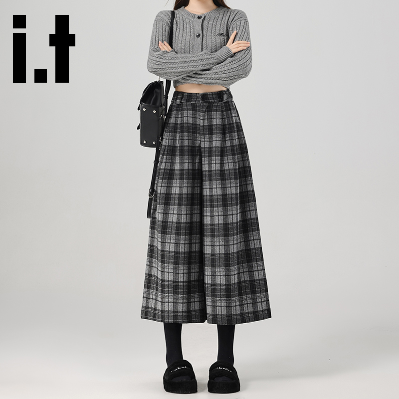 it高街设计感格纹阔腿裤女秋慵懒