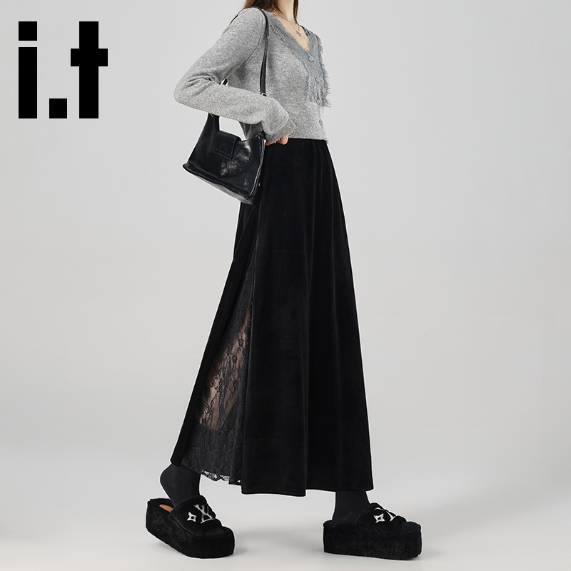 it:CHOCOOLATE黑色金丝绒鱼尾半身裙女秋冬高腰a字蕾丝包臀中长裙