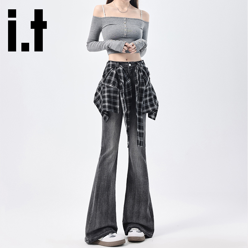 it格纹屁帘牛仔裤女秋不规则设计