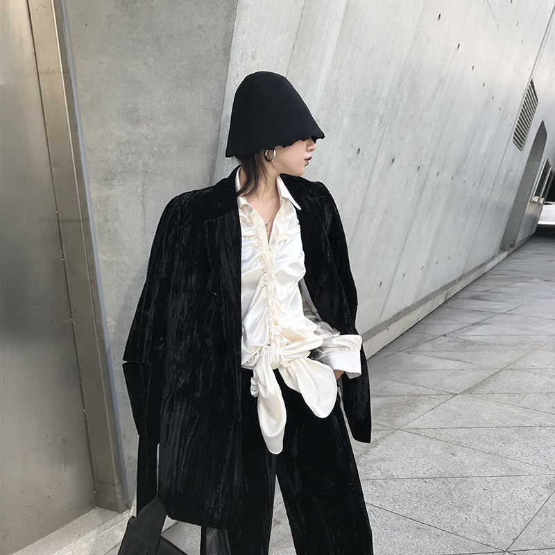 CHILLYCHIC 春季复古丝绒中长款宽松小西装外套阔腿裤两件套装女
