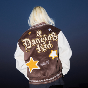 街头羊毛尼刺绣拼接加厚保暖棉棒球夹克 BRAND原创潮牌美式 THE