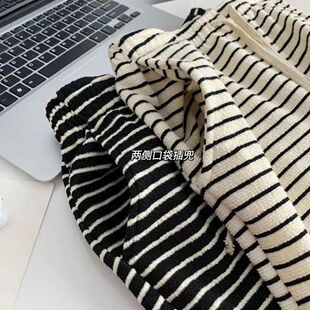 145小个子高腰针织垂感直筒休闲裤 150日系黑白条纹阔腿裤 女春秋季