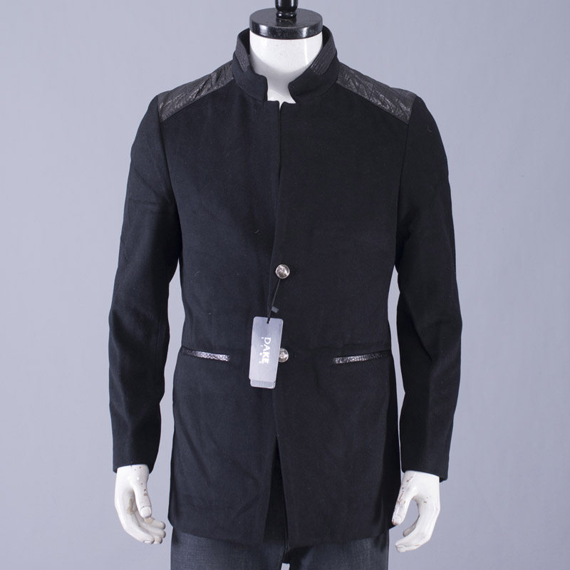 55%羊毛混纺品牌立领中山装春秋季黑色毛呢外套男