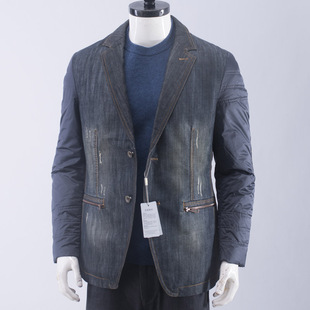 断码清货只有170~品质鸭绒！男士时尚休闲西装领牛仔拼接羽绒服冬