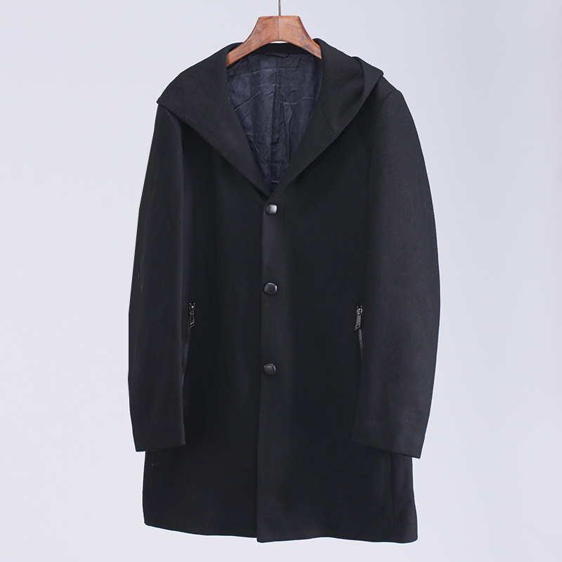 中长款男士毛呢大衣秋冬连帽黑色
