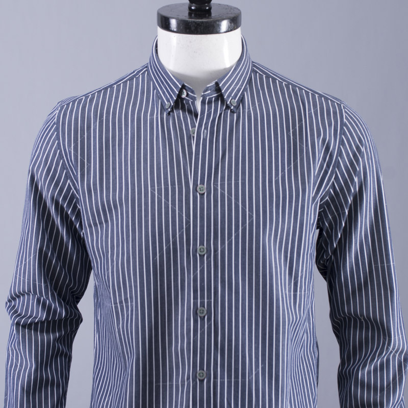 男装尖领领扣条纹长袖衬衫春上衣