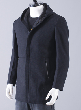 断码清货只有170！男士黑色连帽风衣外套内里加棉羊毛毛呢男大衣