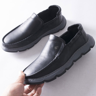 春秋一脚蹬男鞋 头层牛皮 黑色套脚休闲皮鞋 品牌尾货男士 柜售1000