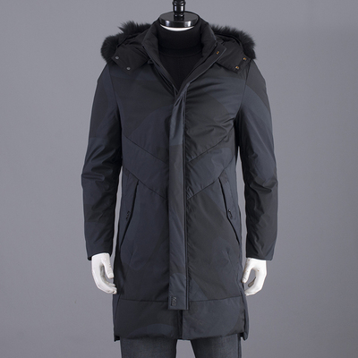 外贸狐狸毛领深灰色中长款羽绒服