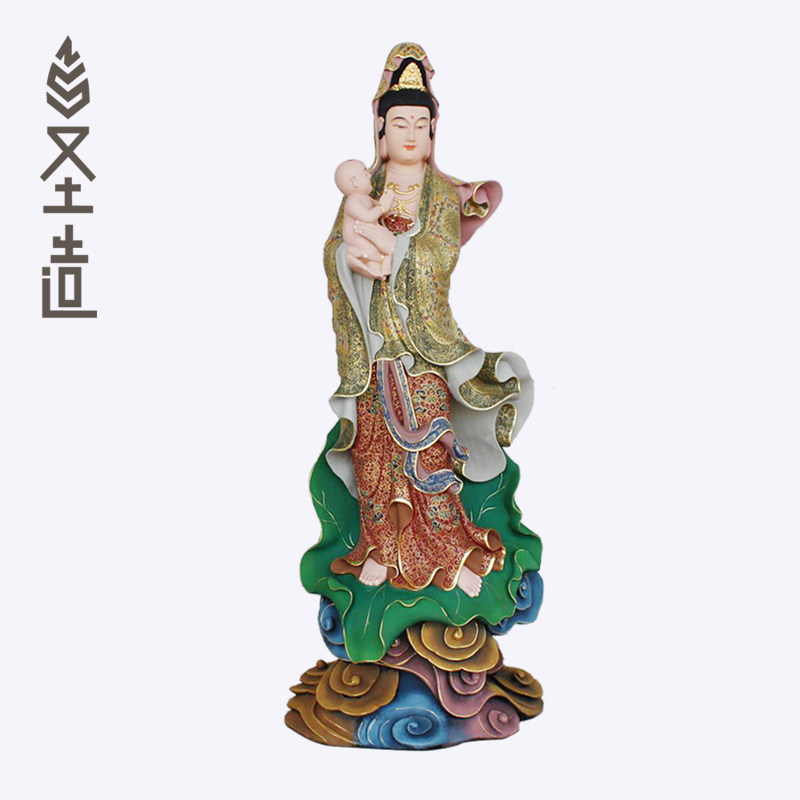 站相观音木雕佛像摆件抱子观音香樟木手工实木雕刻 圣造