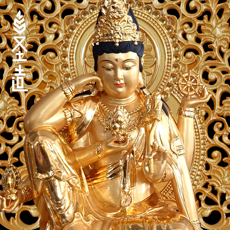 木雕贴金如意轮观音佛像摆件金箔木质如意轮观世音像定制厂 圣造