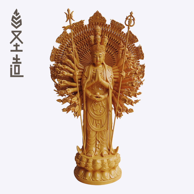 木雕站像千手观音佛像摆件香樟木雕刻立像千手千佛观音像定制厂家
