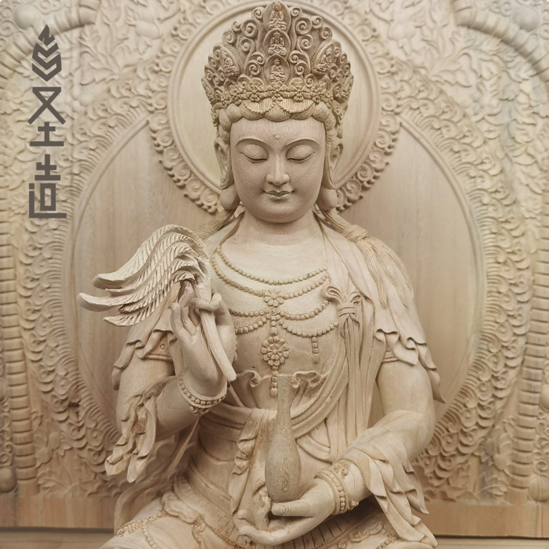 现货新款观音佛像摆件家用木雕观世音香樟木雕刻定做 圣造