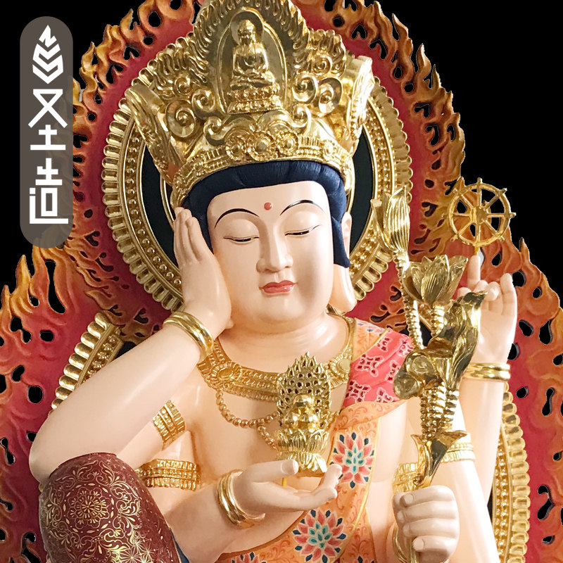 实木柚木雕刻贴金彩绘如意轮观音木雕佛像摆件观世音厂家 圣造