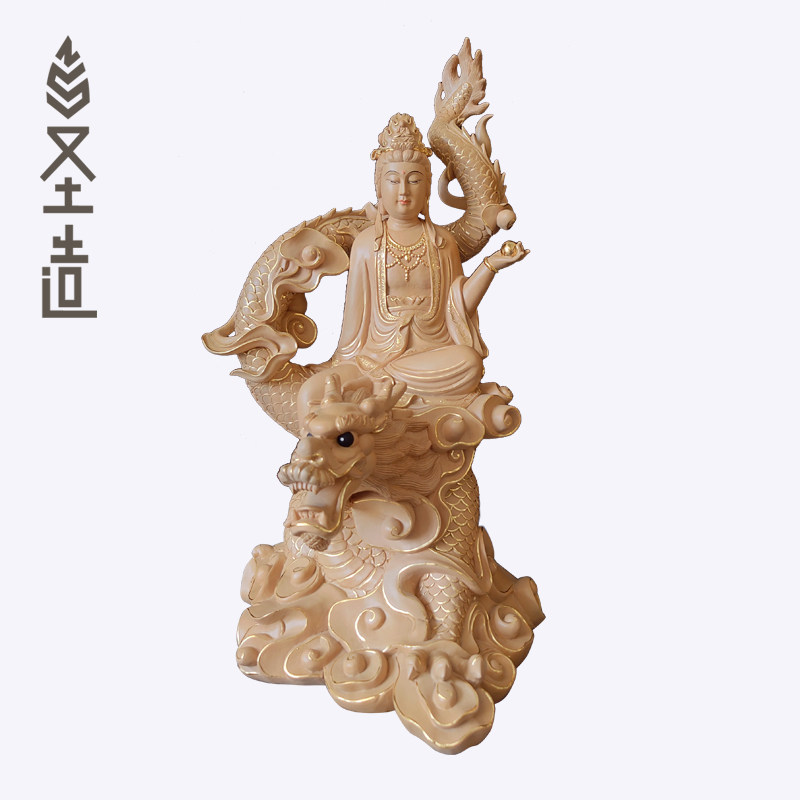 木雕乘龙观音佛像摆件实木雕刻坐龙观音像彩绘描金定制厂家 圣造