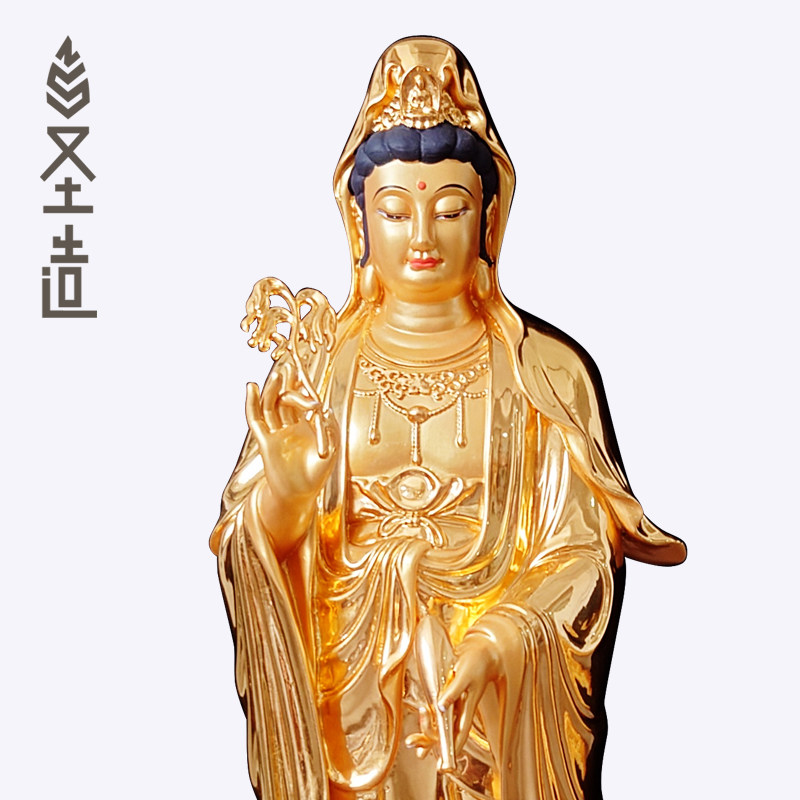木雕贴金立像观音菩萨佛像摆件实木雕刻站像观世音订制厂家 圣造